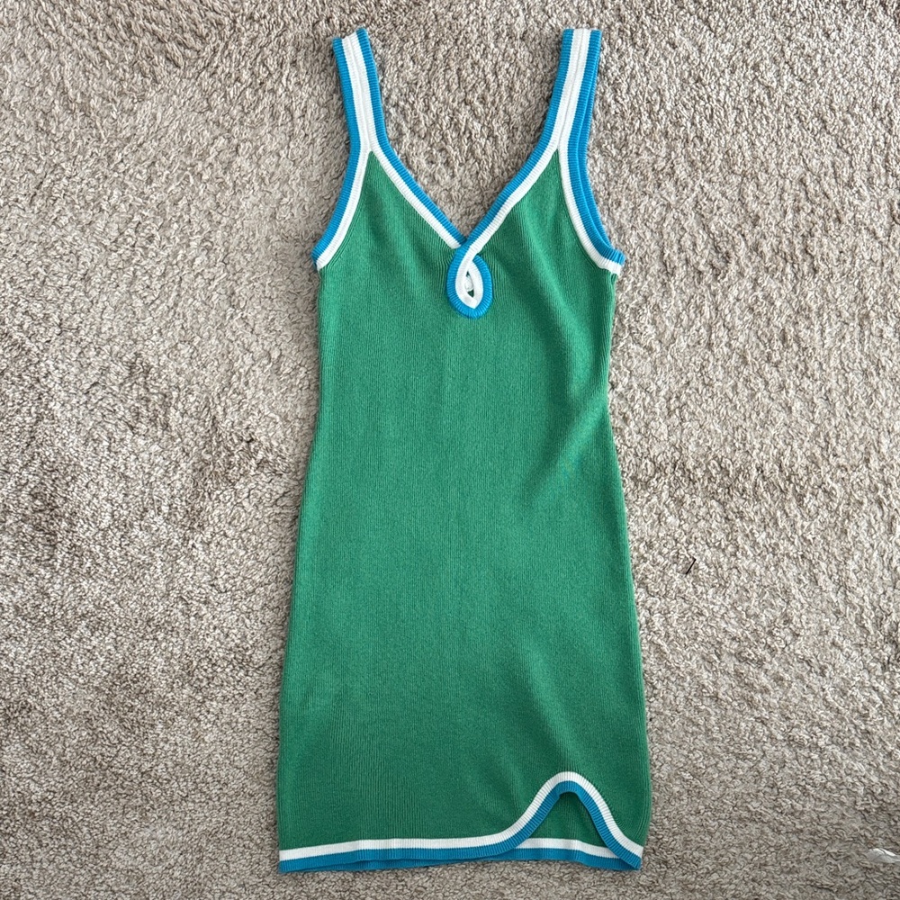 Green Sleeveless Dress with Blue and White Trim